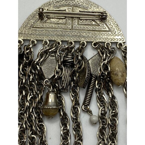 Vintage Silver-Tone Multi-Chain Statement Brooch With Red Beige & White Stone Ac - Picture 10 of 12